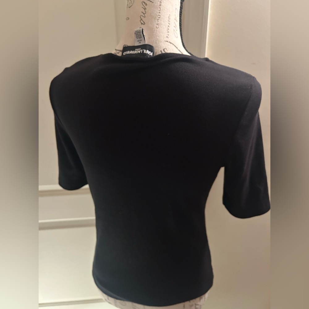 Karl Lagerfeld Black Square Neck Tee with Gold Button Details - Picture 5 of 6